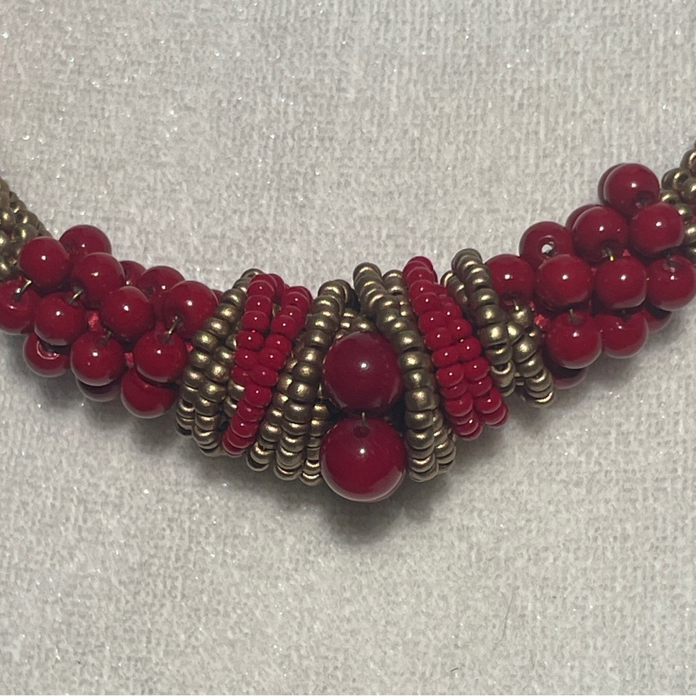 Kumihimo Japanese Beaded Choker Necklace Coral Red Gold Knot Handmade